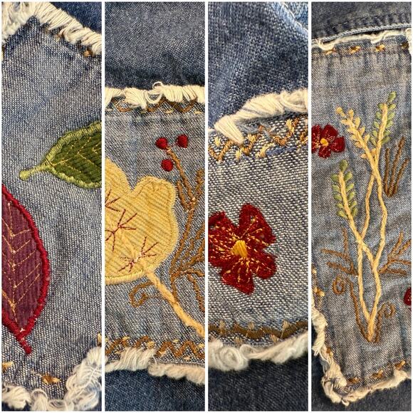 Y2K Boho Patchwork Denim Fall Jacket W/ Embroidered Leaf Motif Raw Hem Pockets M - Picture 5 of 6